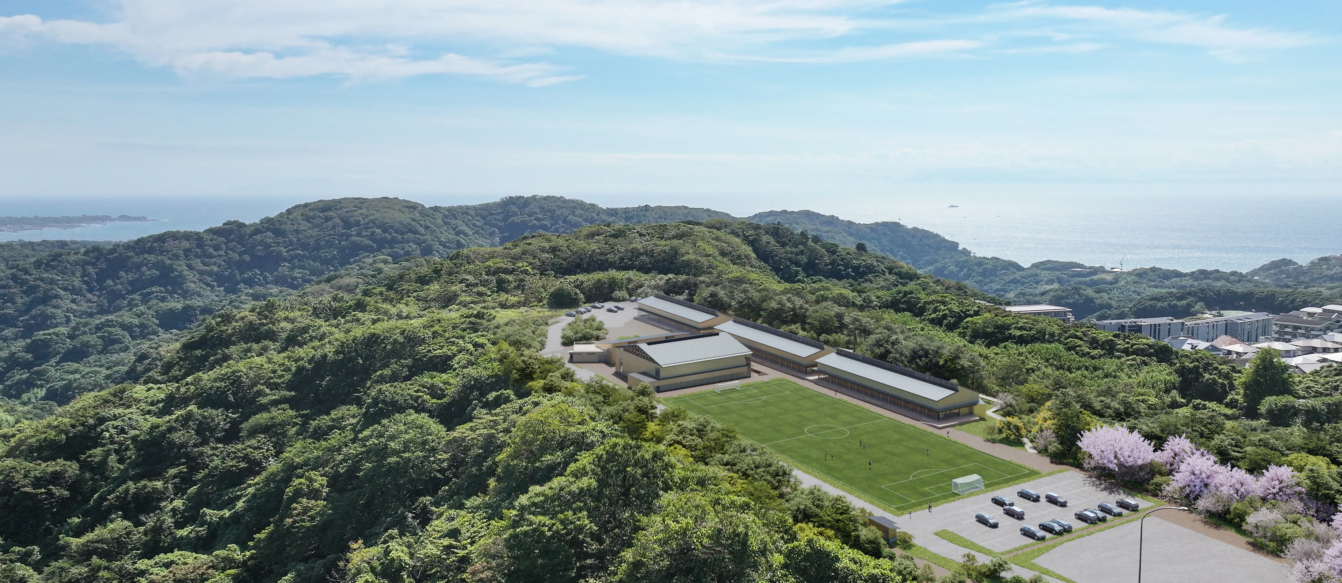 The school from above, surrounded by trees